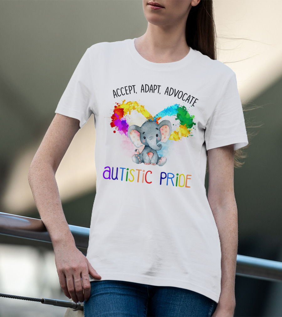 Accept, Adapt, Advocate Autistic Pride Colorful Elephant T-Shirt