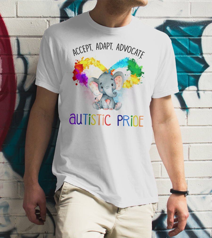 Accept, Adapt, Advocate Autistic Pride Colorful Elephant T-Shirt