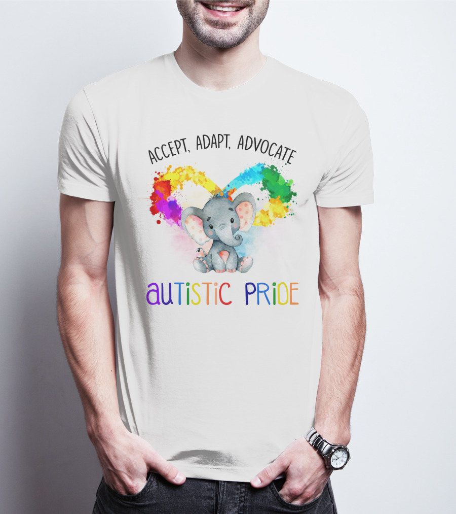 Accept, Adapt, Advocate Autistic Pride Colorful Elephant T-Shirt