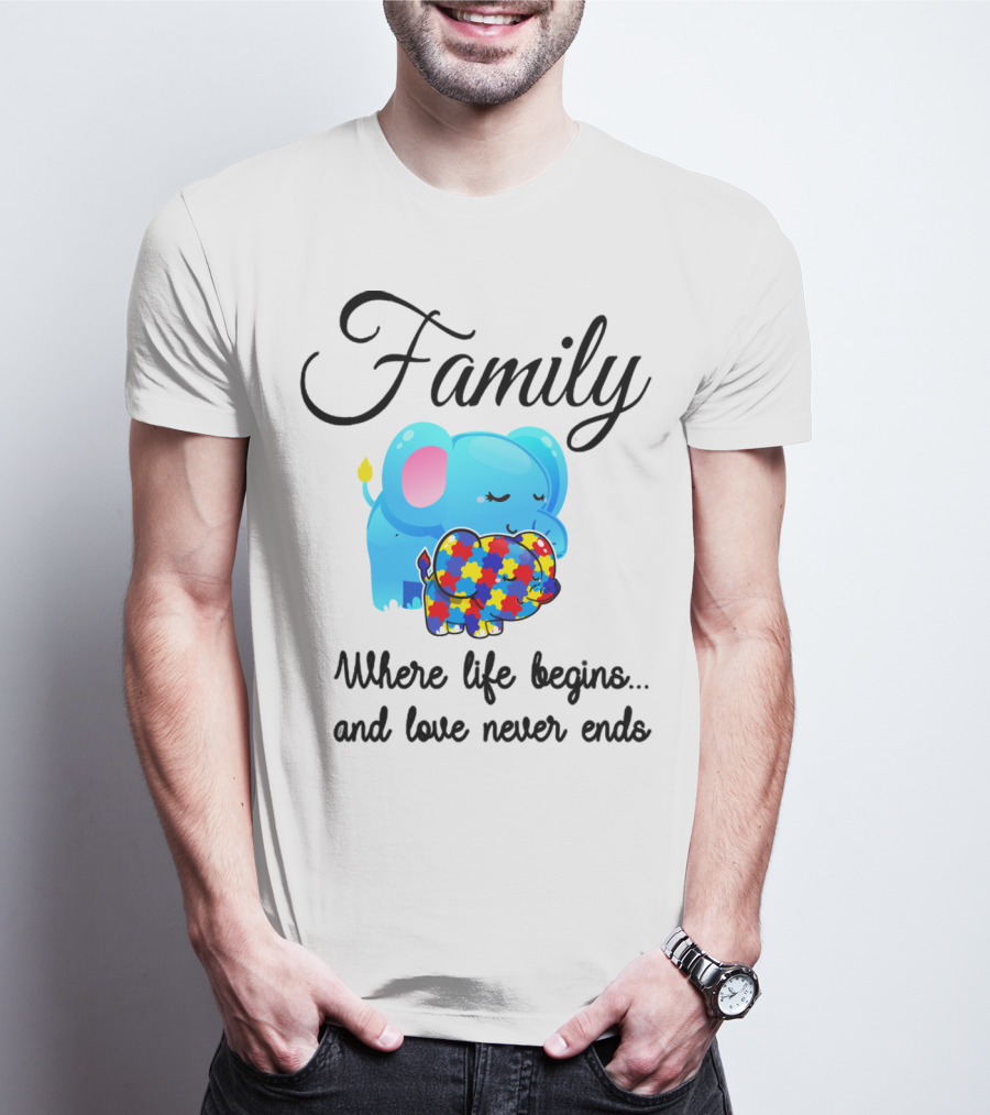 Family Where Life Begins Love Never Ends Autism Puzzle Piece Elephant T-Shirt