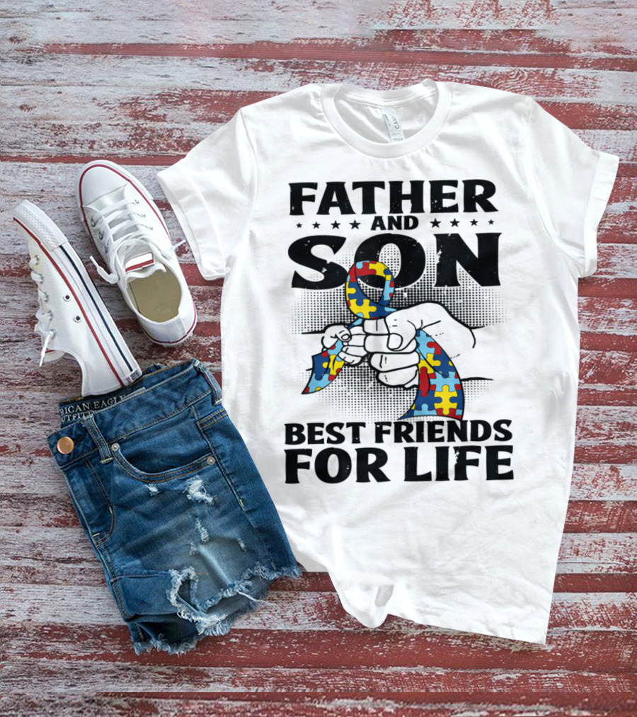 Father And Son Best Friends For Life Autism Puzzle Ribbon Fist Bump T-Shirt
