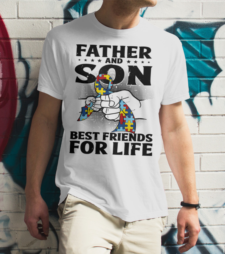 Father And Son Best Friends For Life Autism Puzzle Ribbon Fist Bump T-Shirt