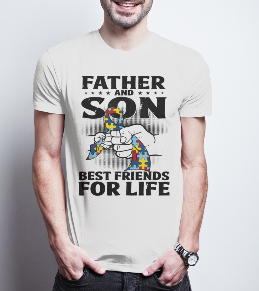 Father And Son Best Friends For Life Autism Puzzle Ribbon Fist Bump T-Shirt