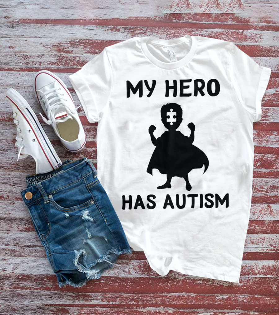My Hero Has Autism Silhouette With Puzzle Piece Face T-Shirt