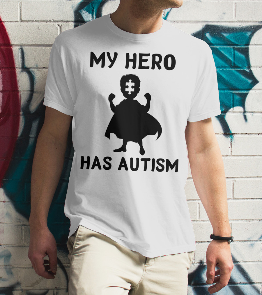 My Hero Has Autism Silhouette With Puzzle Piece Face T-Shirt