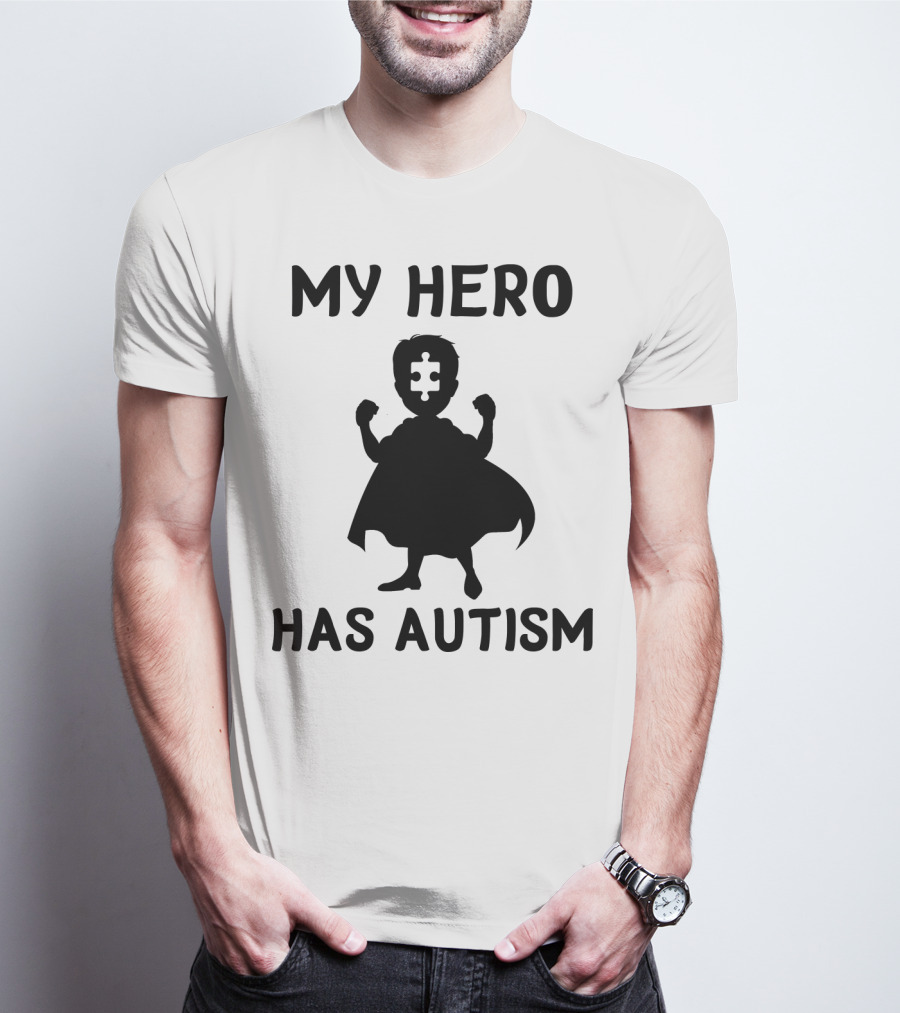My Hero Has Autism Silhouette With Puzzle Piece Face T-Shirt