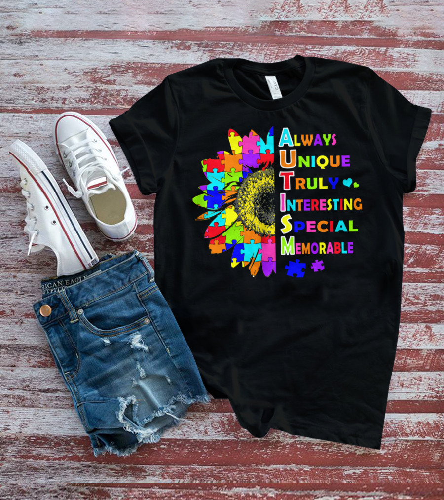 Autism Always Unique Truly Interesting Special Memorable Puzzle Sunflower T-Shirt