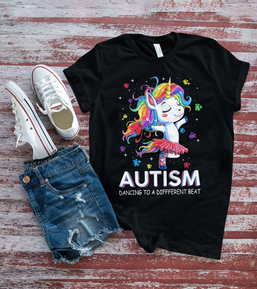 Autism Dancing To A Different Beat Unicorn Puzzle Pieces Rainbow Hair T-Shirt