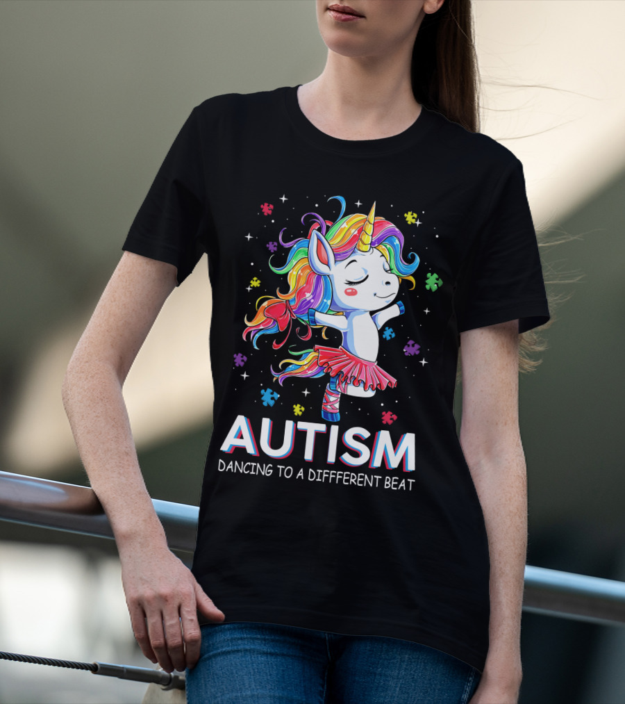 Autism Dancing To A Different Beat Unicorn Puzzle Pieces Rainbow Hair T-Shirt