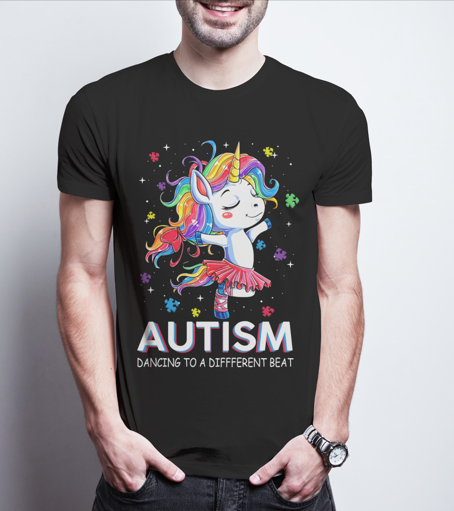 Autism Dancing To A Different Beat Unicorn Puzzle Pieces Rainbow Hair T-Shirt
