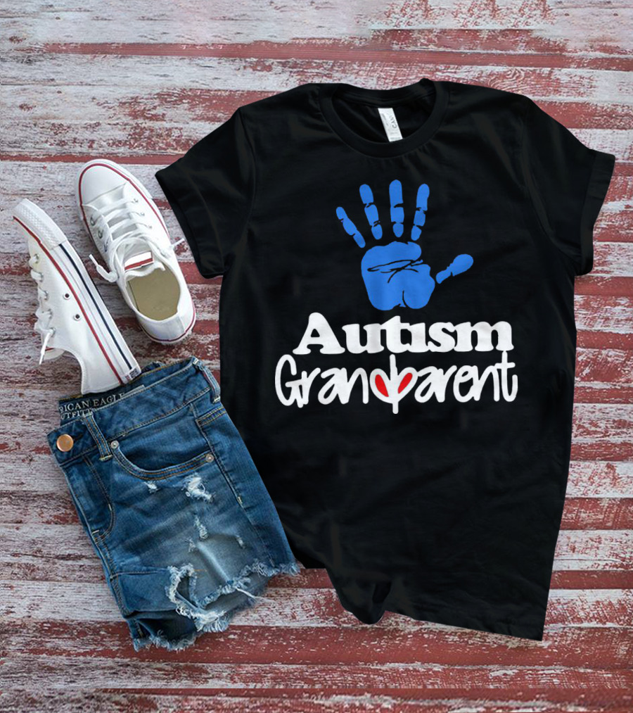 Autism Grandparent Blue Handprint Red Heart Inclusion T-Shirt