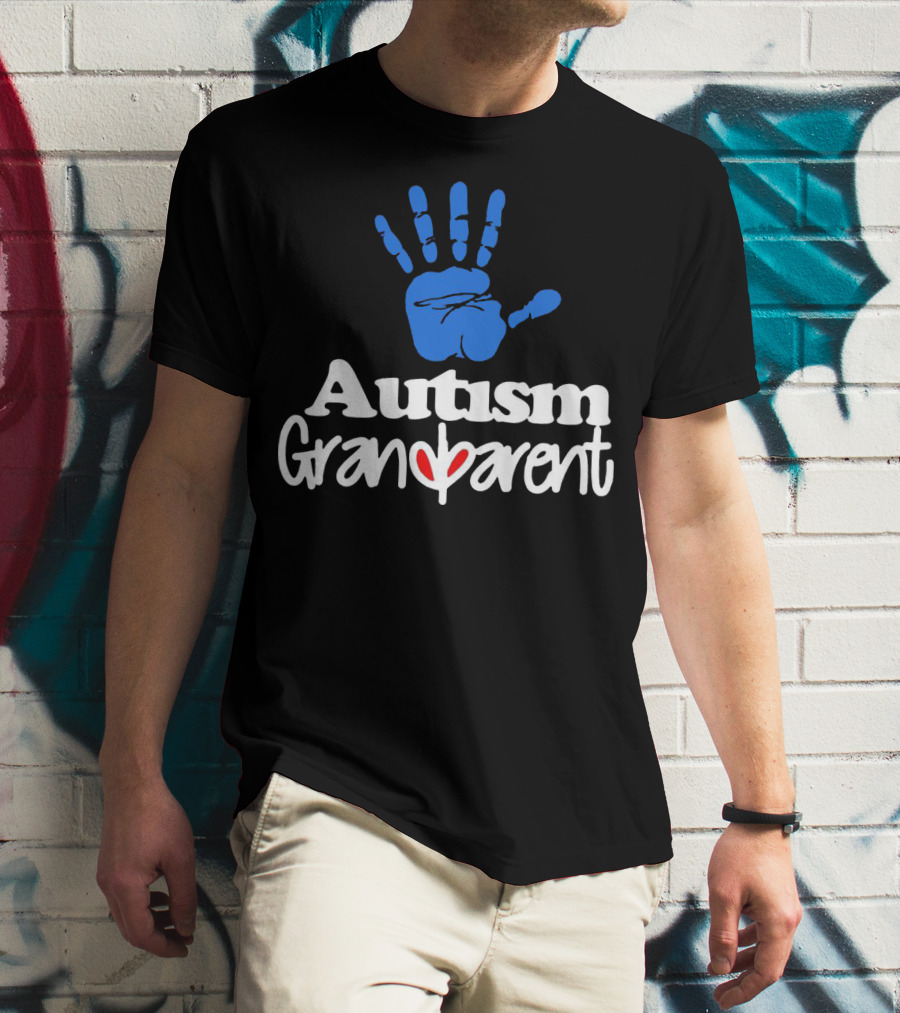 Autism Grandparent Blue Handprint Red Heart Inclusion T-Shirt