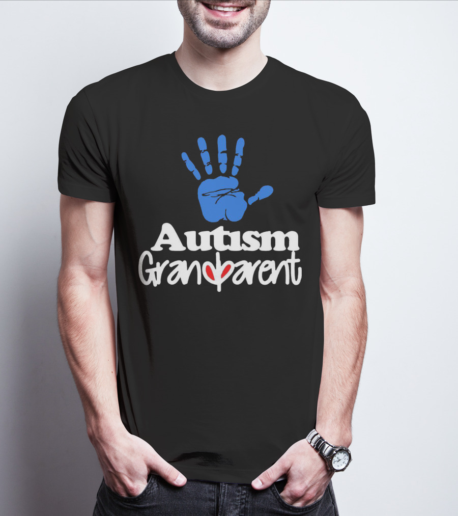 Autism Grandparent Blue Handprint Red Heart Inclusion T-Shirt