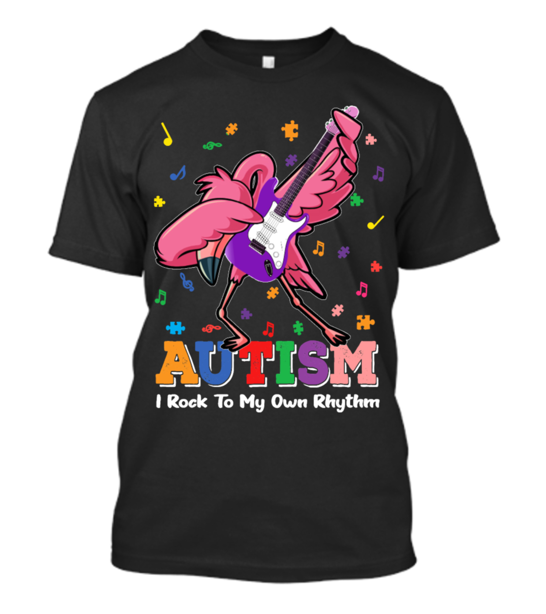 Autism I Rock To My Own Rhythm Flamingo With Guitar And Puzzle Pieces T-Shirt