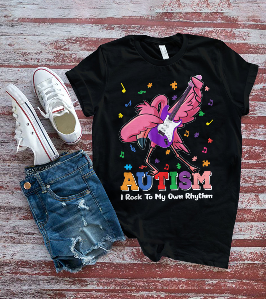 Autism I Rock To My Own Rhythm Flamingo With Guitar And Puzzle Pieces T-Shirt