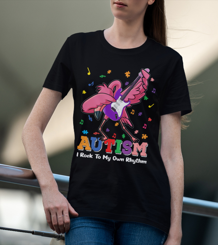 Autism I Rock To My Own Rhythm Flamingo With Guitar And Puzzle Pieces T-Shirt