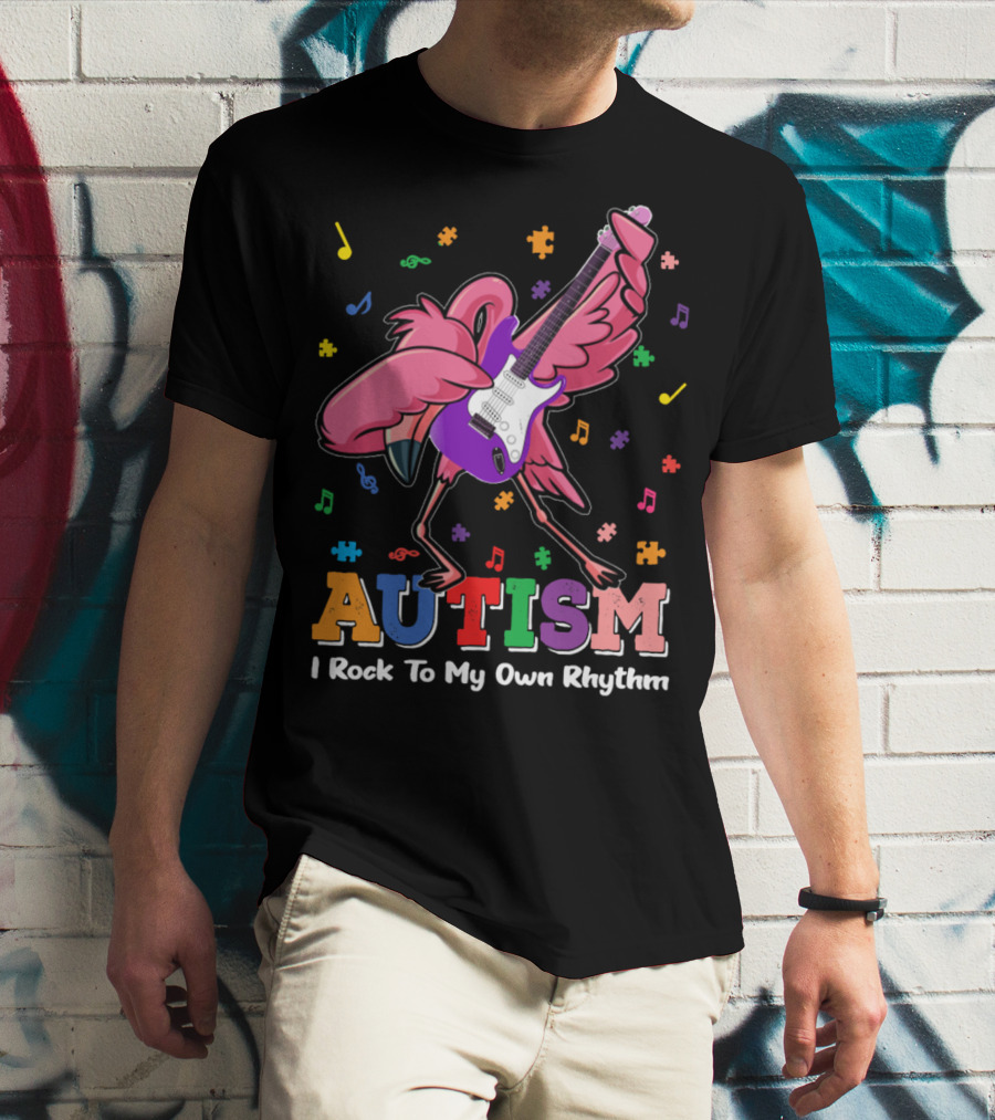 Autism I Rock To My Own Rhythm Flamingo With Guitar And Puzzle Pieces T-Shirt