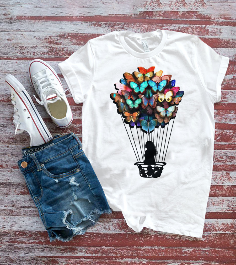 Butterfly BU01 Hot Air Balloon Silhouette With Colorful Wings T-Shirt