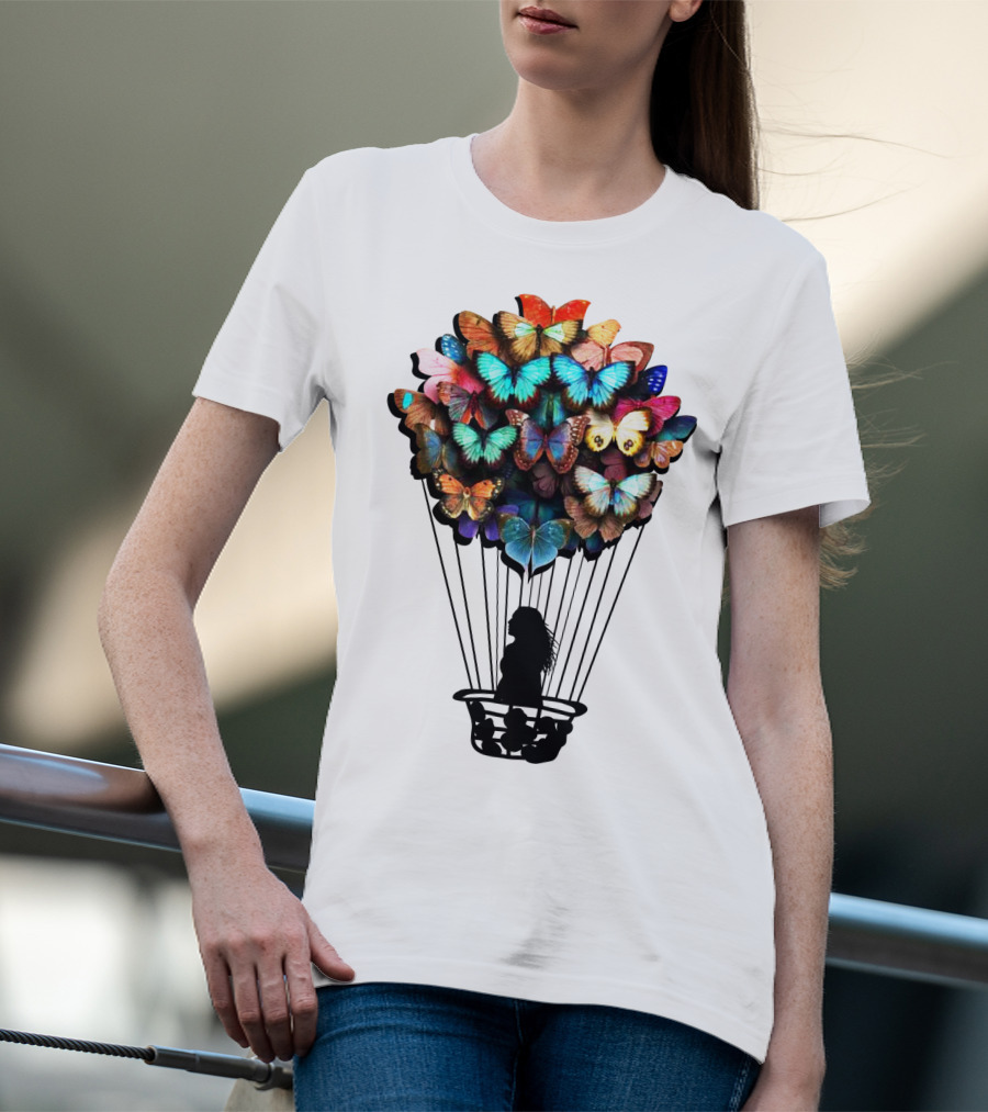 Butterfly BU01 Hot Air Balloon Silhouette With Colorful Wings T-Shirt