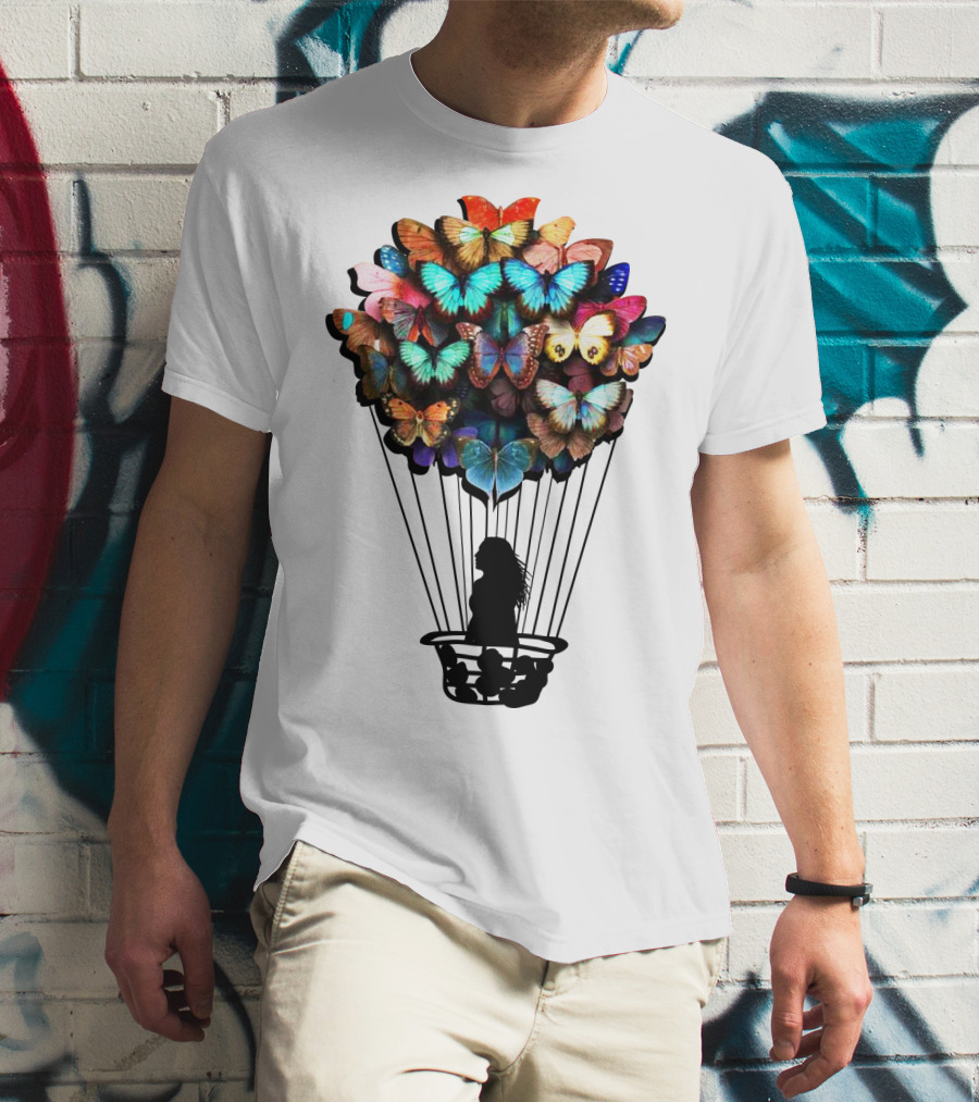 Butterfly BU01 Hot Air Balloon Silhouette With Colorful Wings T-Shirt