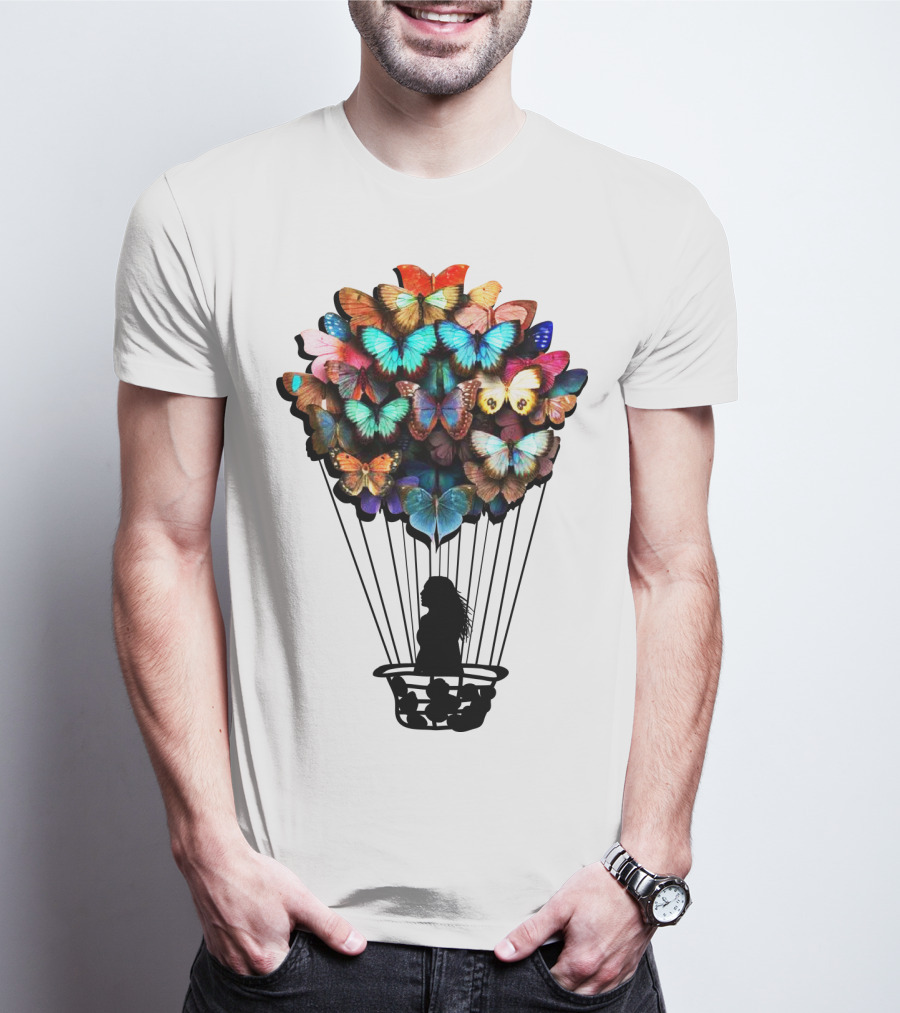 Butterfly BU01 Hot Air Balloon Silhouette With Colorful Wings T-Shirt