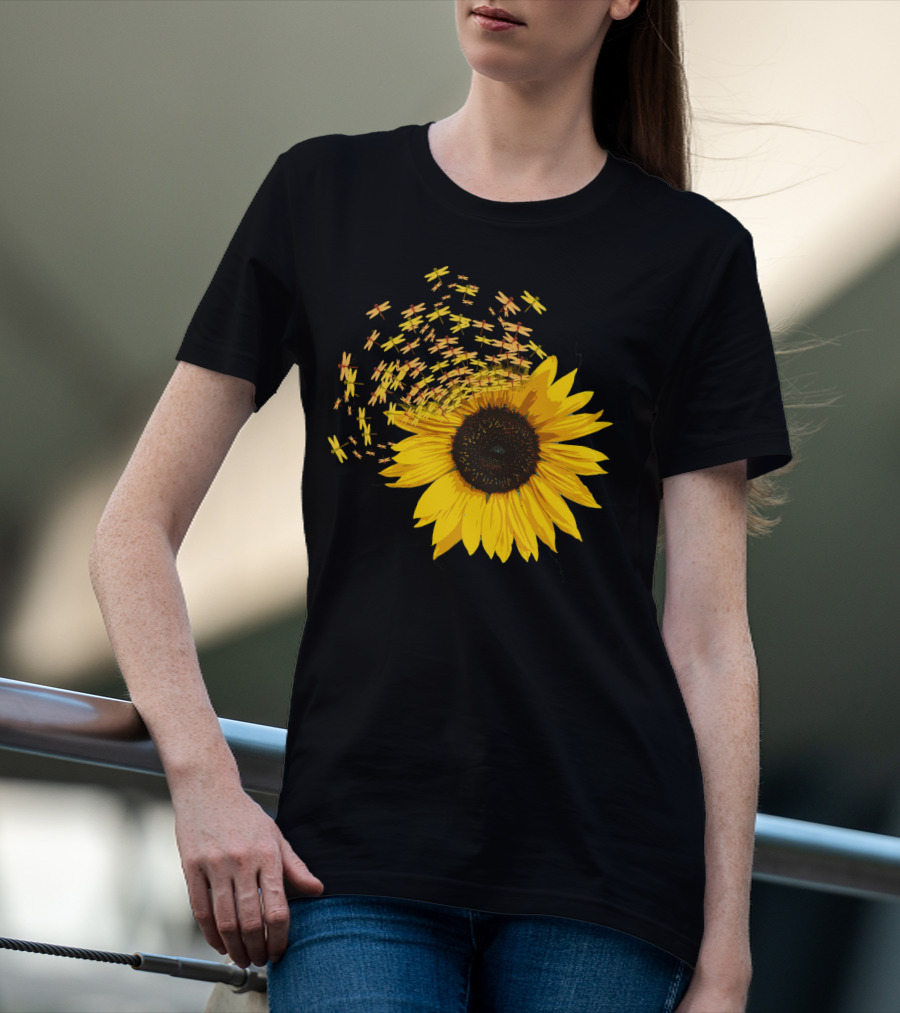Sunflower Burst With Dragonflies Spiral T-Shirt