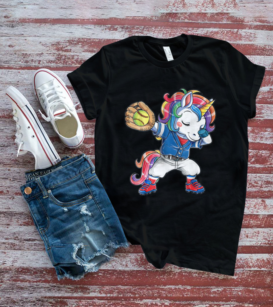 Unicorn Dabbing Rainbow Softball Player Catching Glove T-Shirt