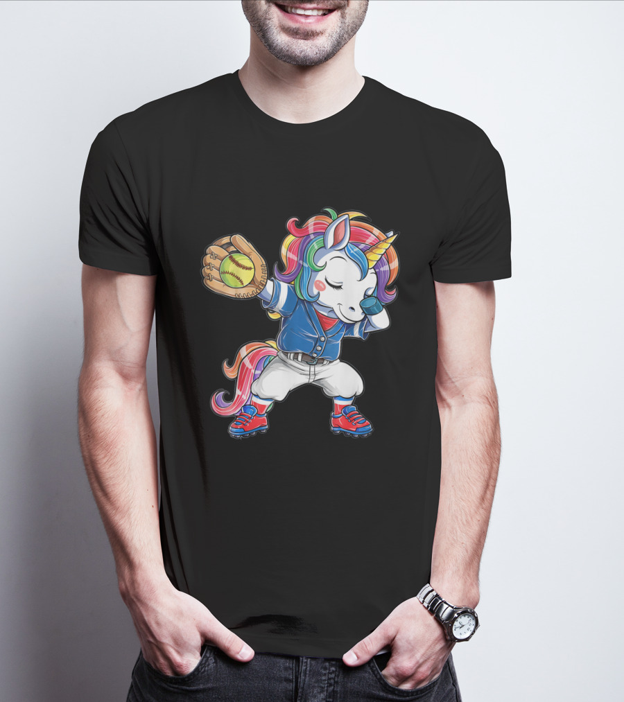 Unicorn Dabbing Rainbow Softball Player Catching Glove T-Shirt
