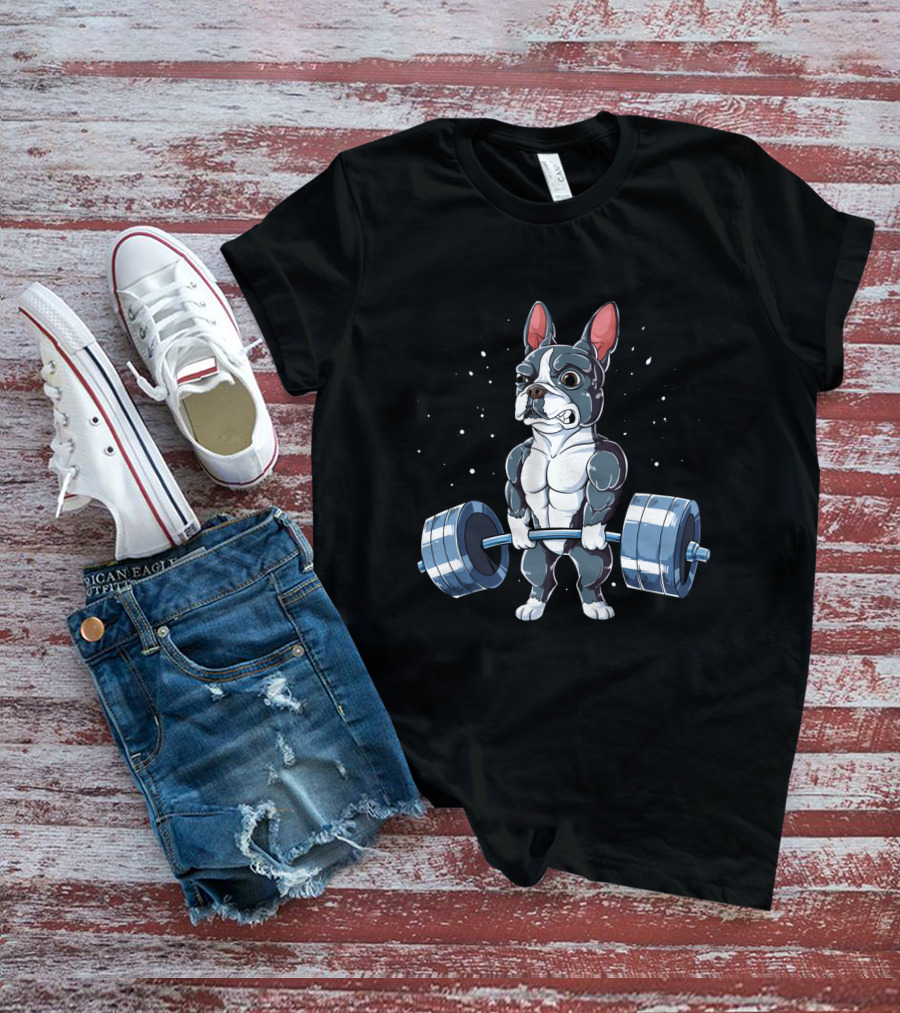 Weight Lifting Boston Terrier With Barbell T-Shirt