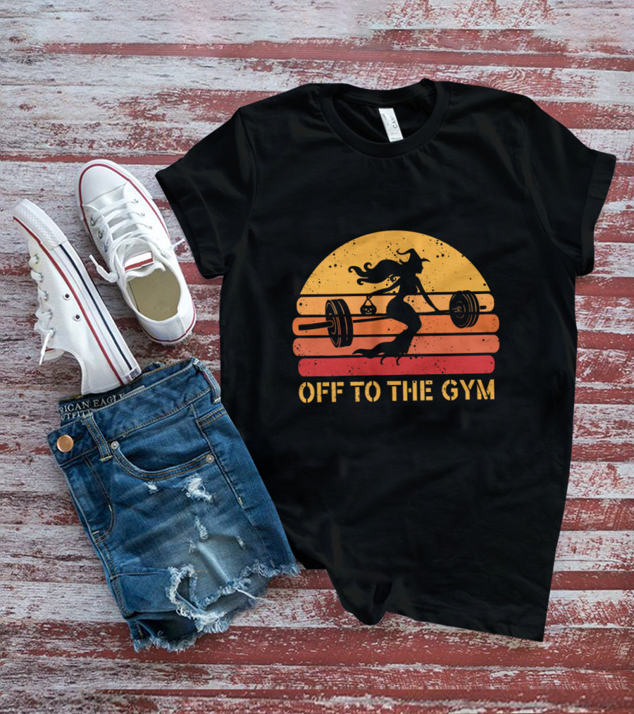 Witch Lifting Weights Off To The Gym Retro Sunset Fitness T-Shirt