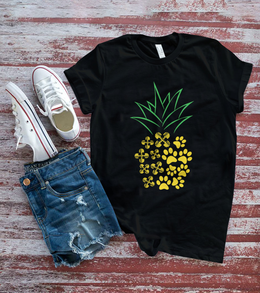 Weight Lifting Pineapple With Dumbbells And Paw Prints T-Shirt