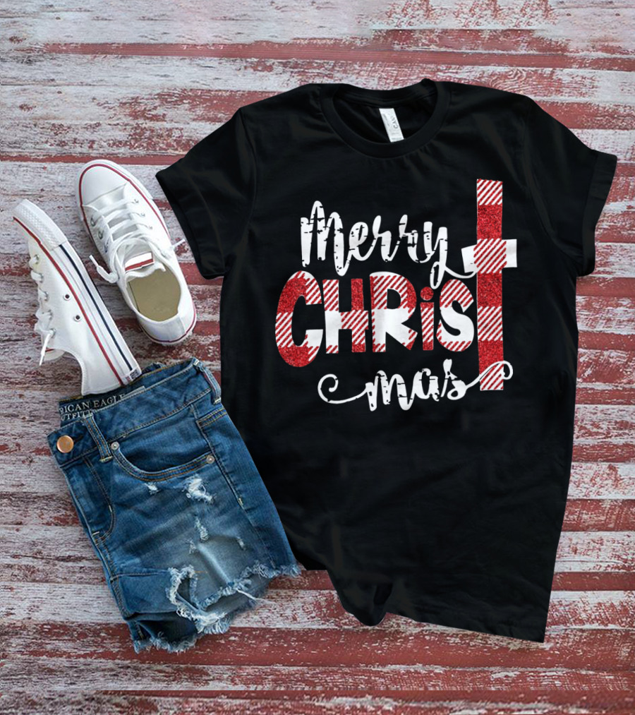 Merry Christ Mas Striped Cross Red Glitter T-Shirt