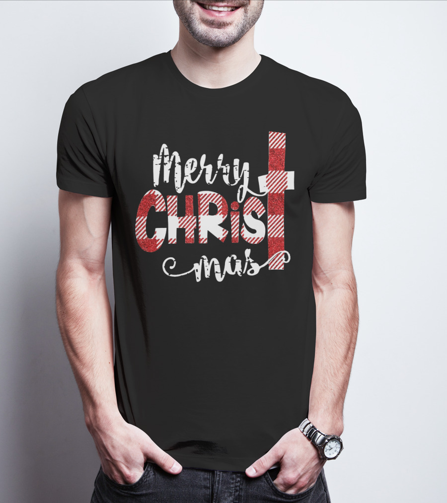 Merry Christ Mas Striped Cross Red Glitter T-Shirt
