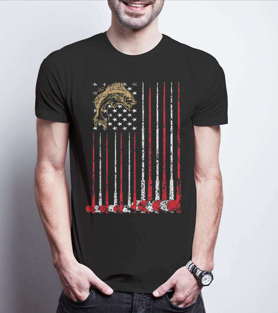 American Flag Fishing Bass With Independence Day T-Shirt