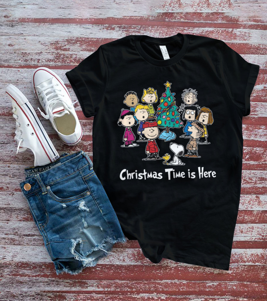 Christmas Time Is Here Peanuts Characters Gather Around The Festive Tree T-Shirt