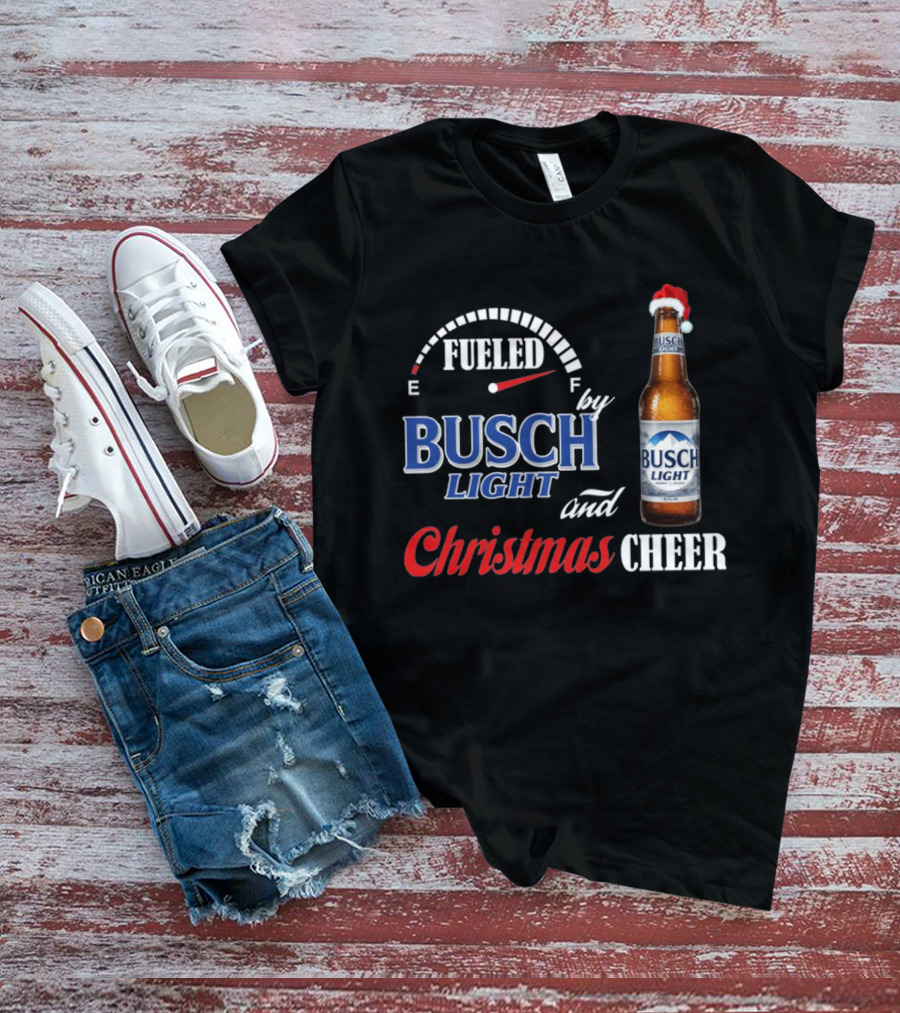 Fueled By Busch Light Christmas Cheer Beer Bottle Santa Hat T-Shirt