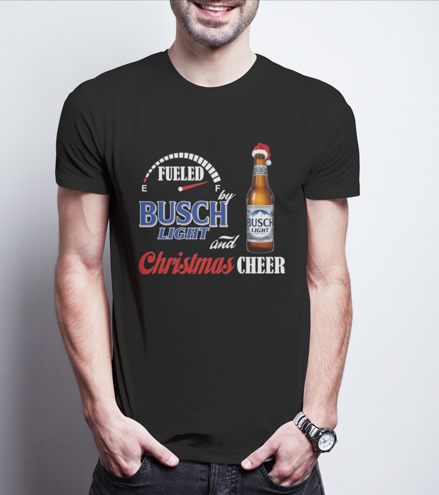 Fueled By Busch Light Christmas Cheer Beer Bottle Santa Hat T-Shirt