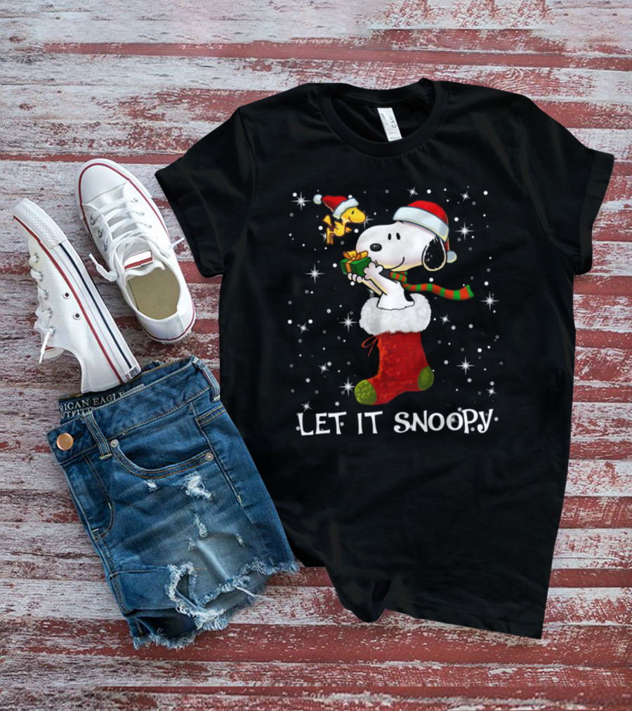 Let It Snoopy Snoopy In Christmas Sock With Santa Hat And Present T-Shirt