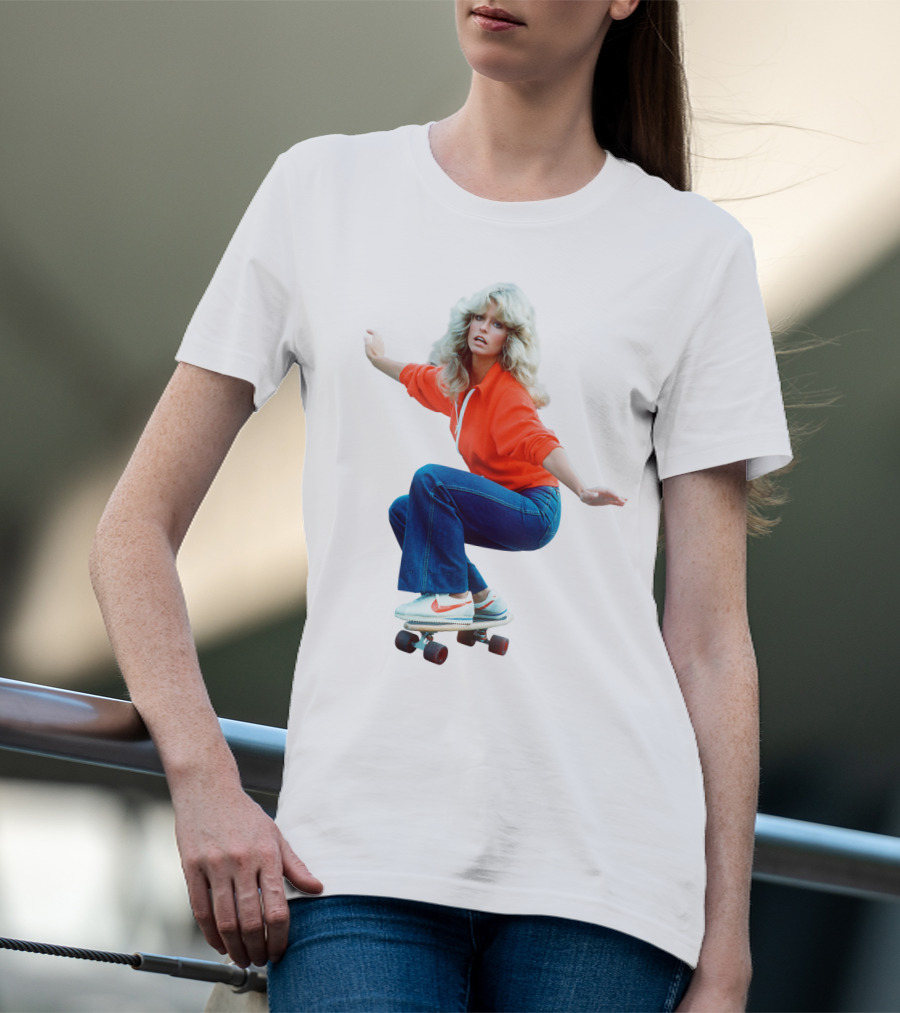 Farrah Fawcett Iconic Skateboarding Pose In Red Sweater And Sneakers T-Shirt