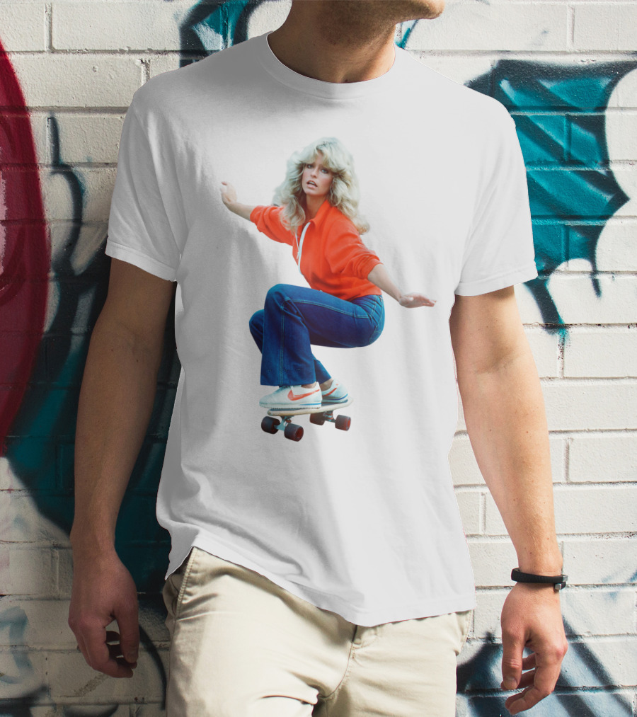 Farrah Fawcett Iconic Skateboarding Pose In Red Sweater And Sneakers T-Shirt
