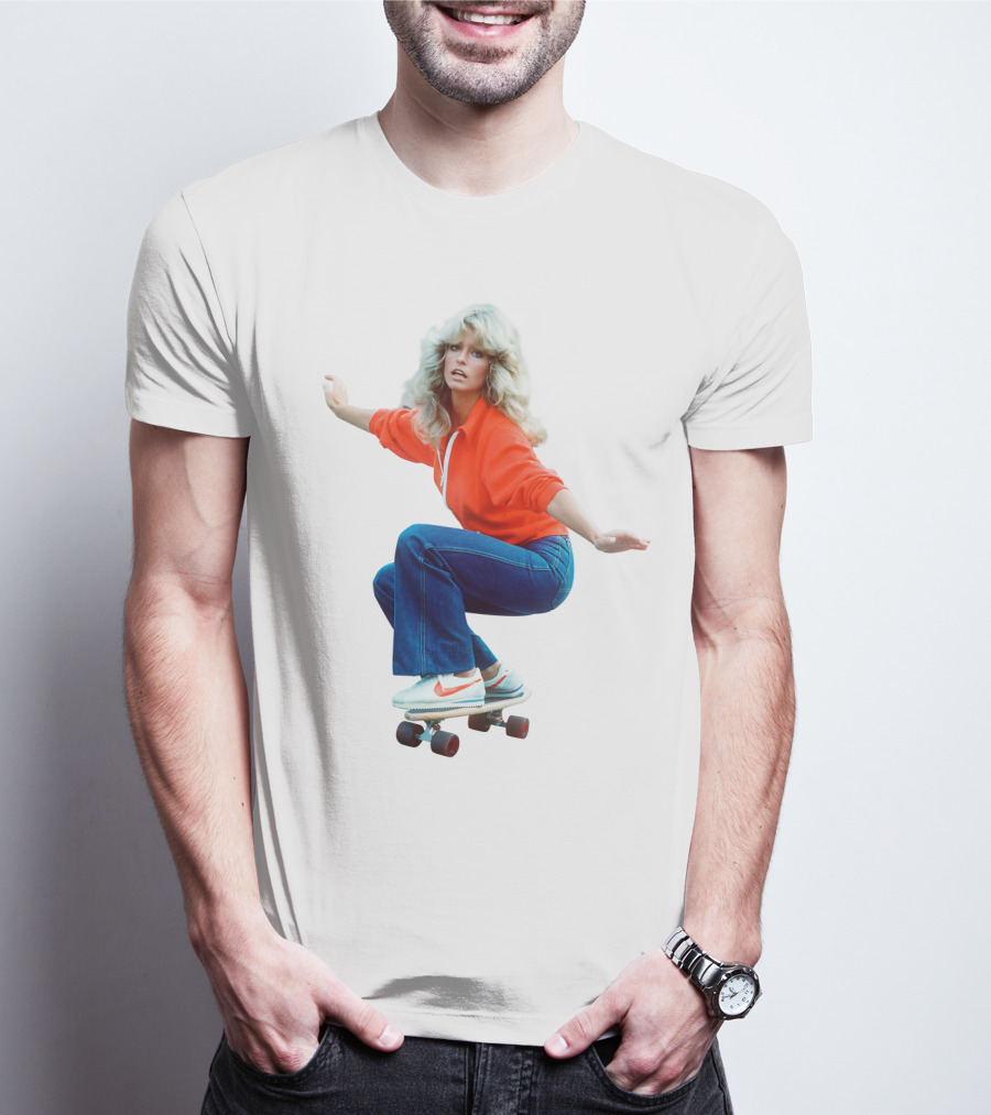 Farrah Fawcett Iconic Skateboarding Pose In Red Sweater And Sneakers T-Shirt