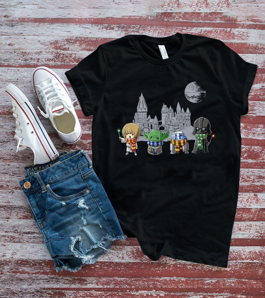 Star Wars Hogwarts Crossover With Luke Yoda R2-D2 And Darth Vader In House Scarves T-Shirt