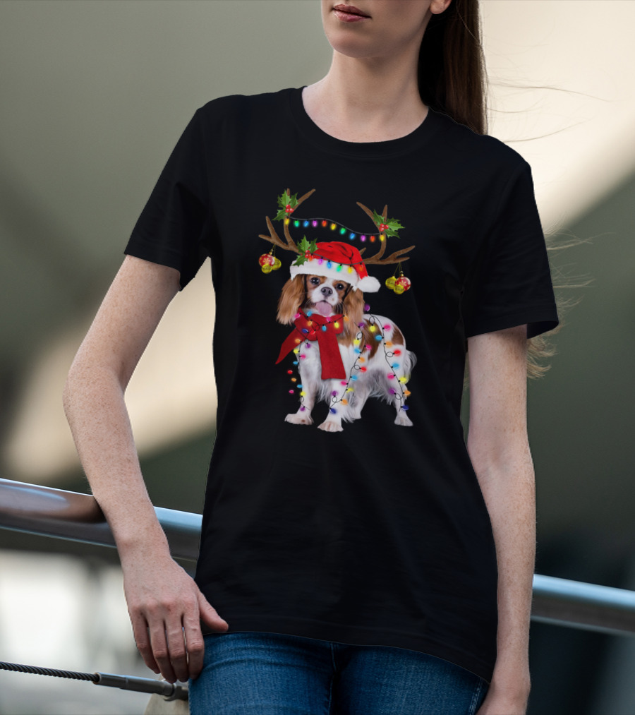 Cavalier King Charles Spaniel Christmas Reindeer Lights T-Shirt