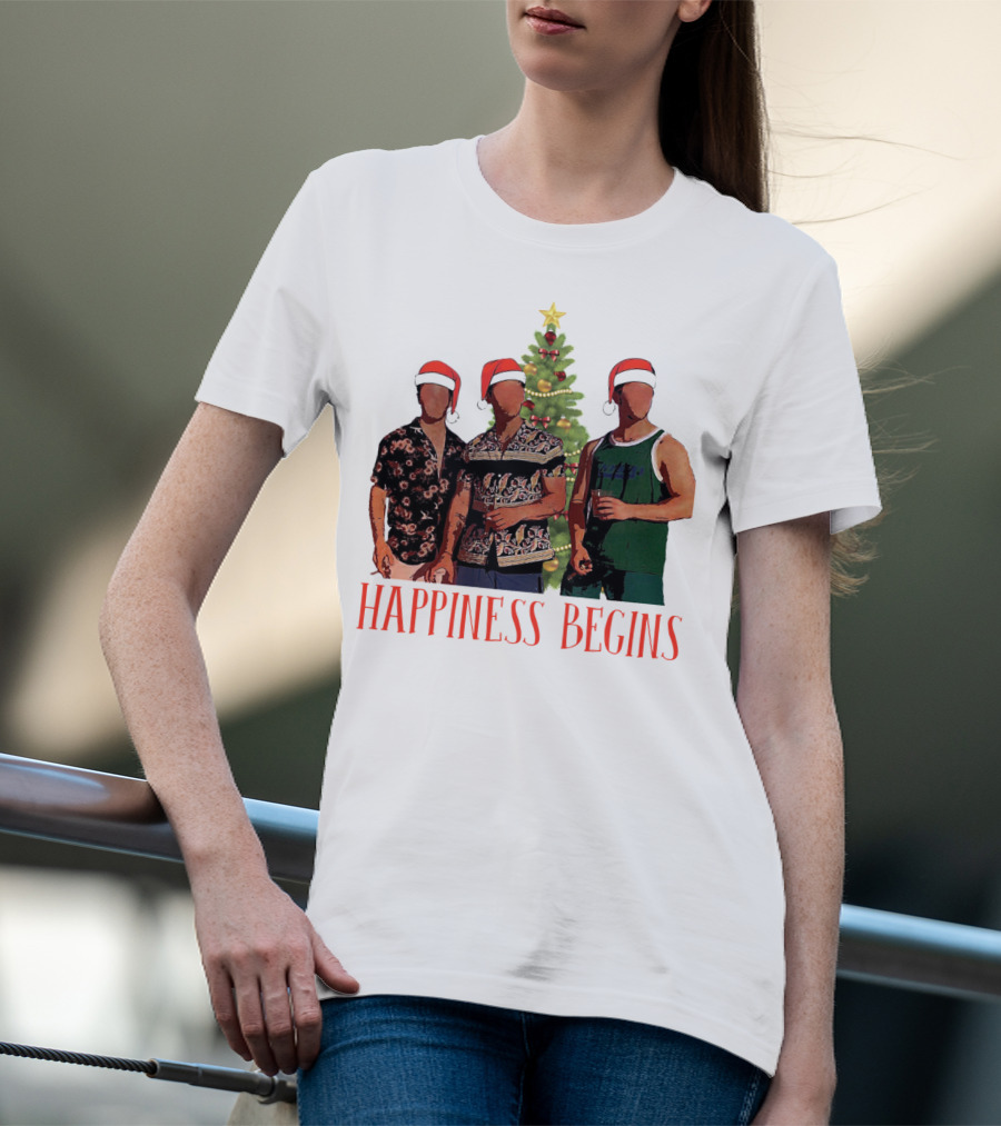 Happiness Begins Santa Trio With Christmas Tree T-Shirt