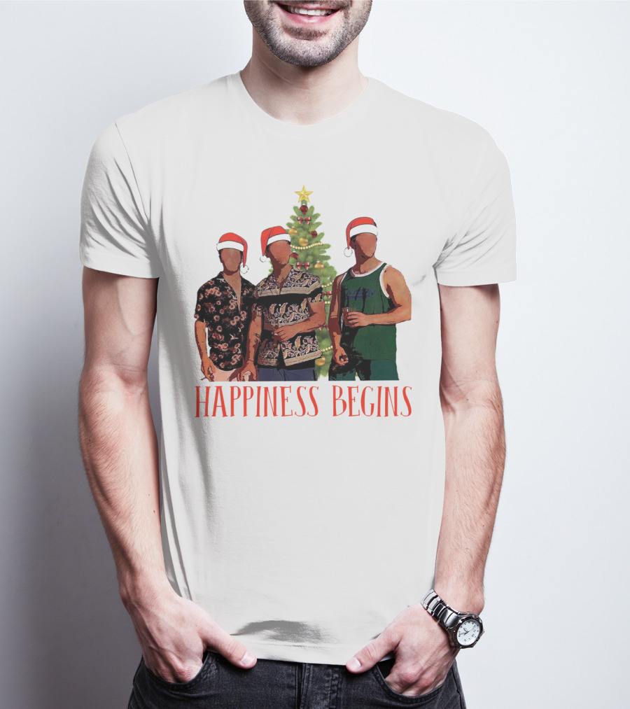 Happiness Begins Santa Trio With Christmas Tree T-Shirt