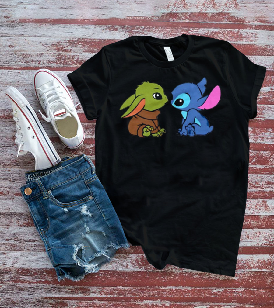 Baby Yoda And Baby Stitch Cute Characters Crossover T-Shirt