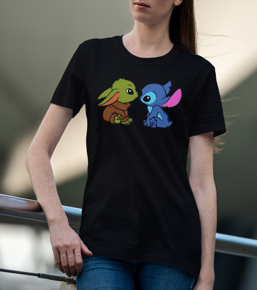 Baby Yoda And Baby Stitch Cute Characters Crossover T-Shirt