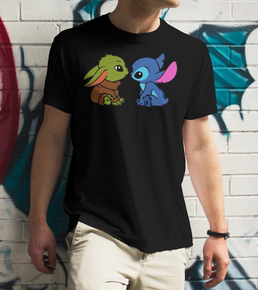 Baby Yoda And Baby Stitch Cute Characters Crossover T-Shirt