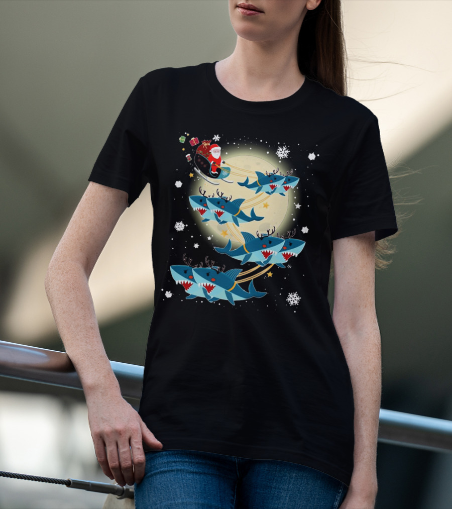 Santa Claus Riding Shark Reindeer Full Moon Snowflakes T-Shirt