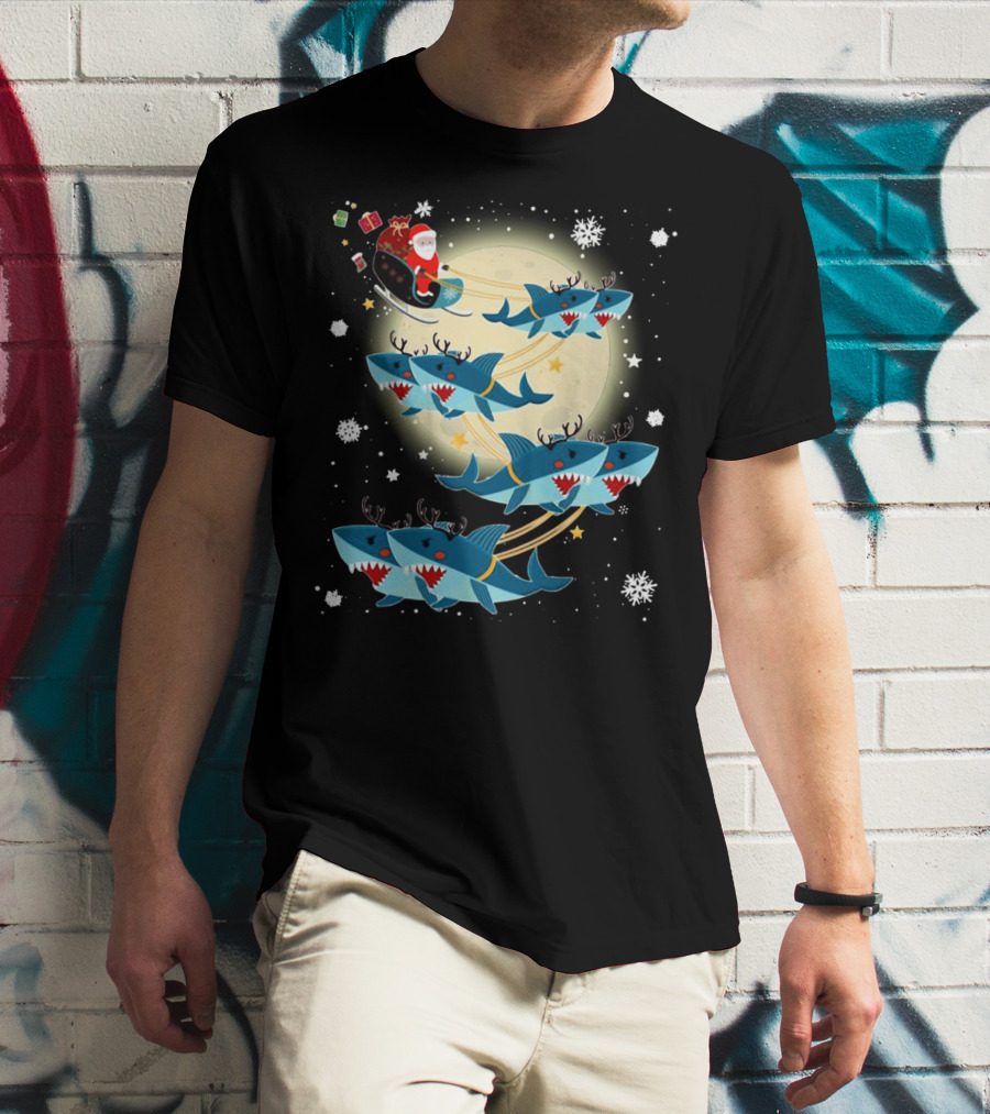Santa Claus Riding Shark Reindeer Full Moon Snowflakes T-Shirt